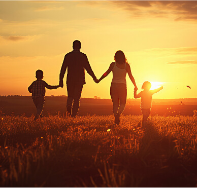 Foto da visão de costas com família seguindo em direção ao por do sol